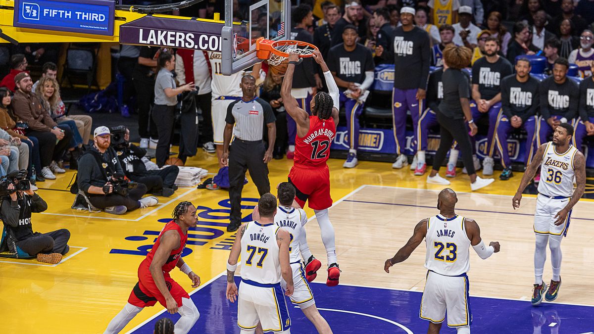 Toronto Raptors Murray Boyles 12 dunks the ball during NBA game against the Los Angeles Lakers on Sunday January 18th, 2026, in Los Angeles California