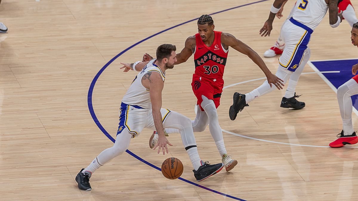 Los Angeles Lakers Luka Doncic 77 dribbles the ball during NBA game against the Toronto Raptors on Sunday January 18th, 2026, in Los Angeles California. 
