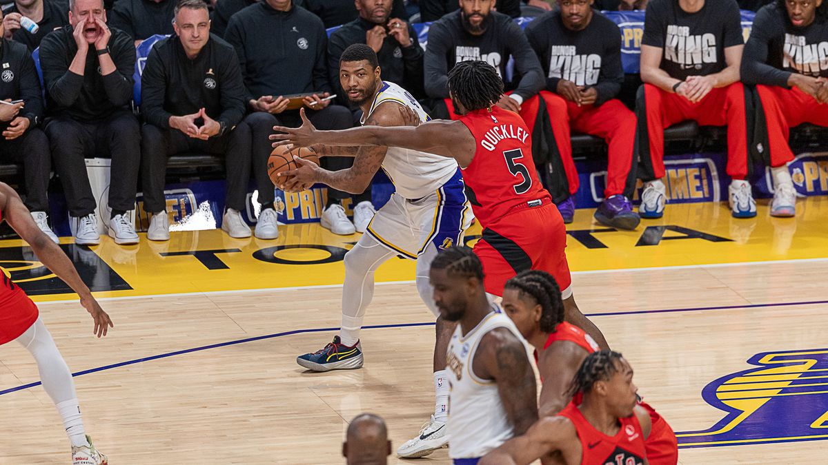 Los Angeles Lakers Marcus Smart 36 dribbles the ball during NBA game against the Toronto Raptors on Sunday January 18th, 2026, in Los Angeles California. 