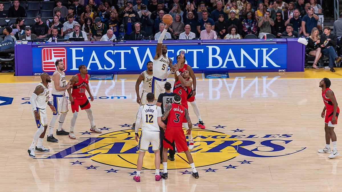 Los Angeles Lakers Deandre Ayton 5 wins tip off during NBA game against the Toronto Raptors on Sunday January 18th, 2026, in Los Angeles California. 
