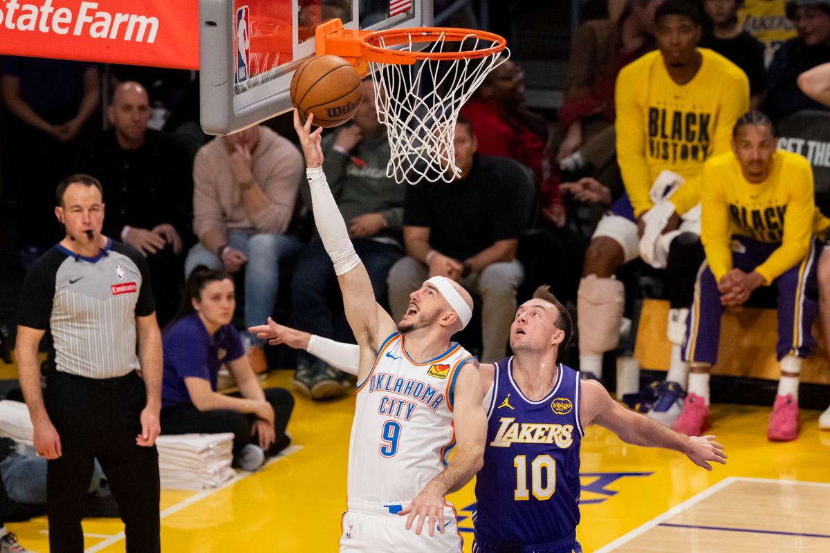 Alex Caruso #9 of the Oklahoma City Thunder lays the ball up during an NBA basketball game against the Los Angeles Lakers, Monday February 9, 2026 in Los Angeles, Calif. Alex Caruso #9 of the Oklahoma City Thunder lays the ball up during an NBA basketball game against the Los Angeles Lakers, Monday February 9, 2026 in Los Angeles, Calif.