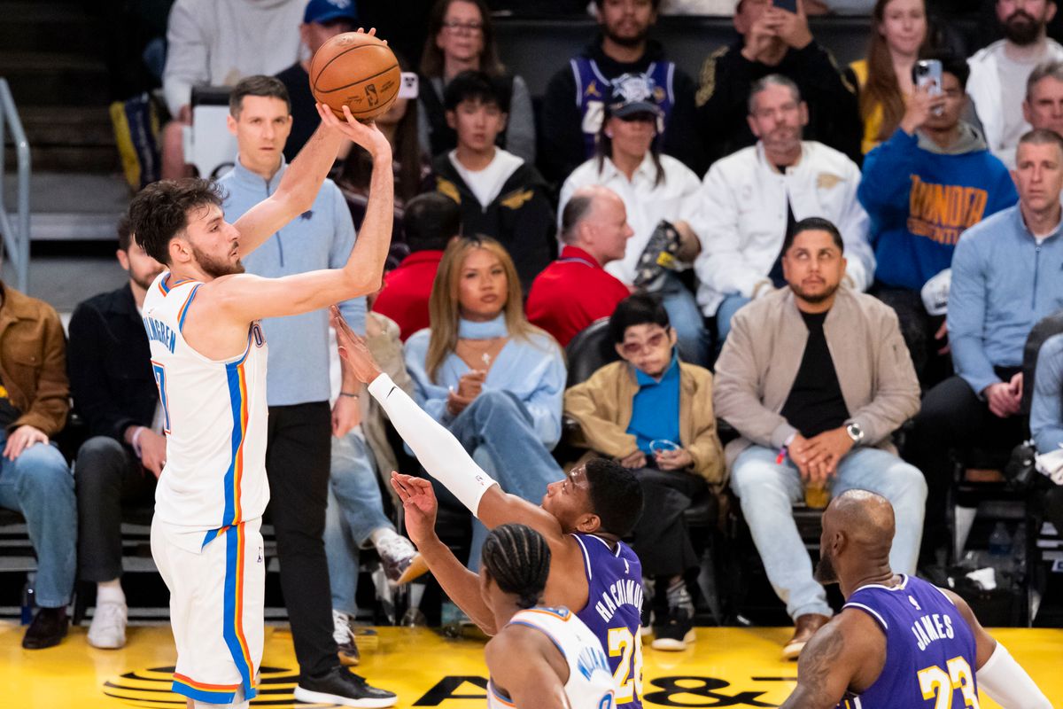 Chet Holmgren #7 of the Oklahoma City Thunder shoots the ball over the defense during an NBA basketball game against the Los Angeles Lakers, Monday February 9, 2026 in Los Angeles, Calif. Chet Holmgren #7 of the Oklahoma City Thunder shoots the ball over the defense during an NBA basketball game against the Los Angeles Lakers, Monday February 9, 2026 in Los Angeles, Calif.