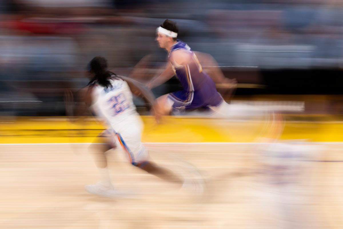 Austin Reaves #15 of the Los Angeles Lakers dribbles the ball up the court during an NBA basketball game against the Oklahoma City Thunder, Monday February 9, 2026 in Los Angeles, Calif. Austin Reaves #15 of the Los Angeles Lakers dribbles the ball up the court during an NBA basketball game against the Oklahoma City Thunder, Monday February 9, 2026 in Los Angeles, Calif.