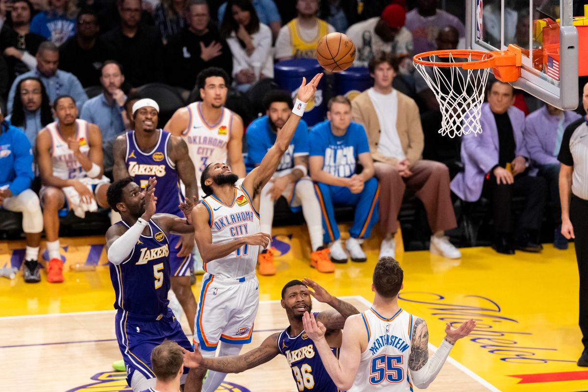 Isaiah Joe #11 of the Oklahoma City Thunder lays the ball up during an NBA basketball game against the Los Angeles Lakers, Monday February 9, 2026 in Los Angeles, Calif. Isaiah Joe #11 of the Oklahoma City Thunder lays the ball up during an NBA basketball game against the Los Angeles Lakers, Monday February 9, 2026 in Los Angeles, Calif.