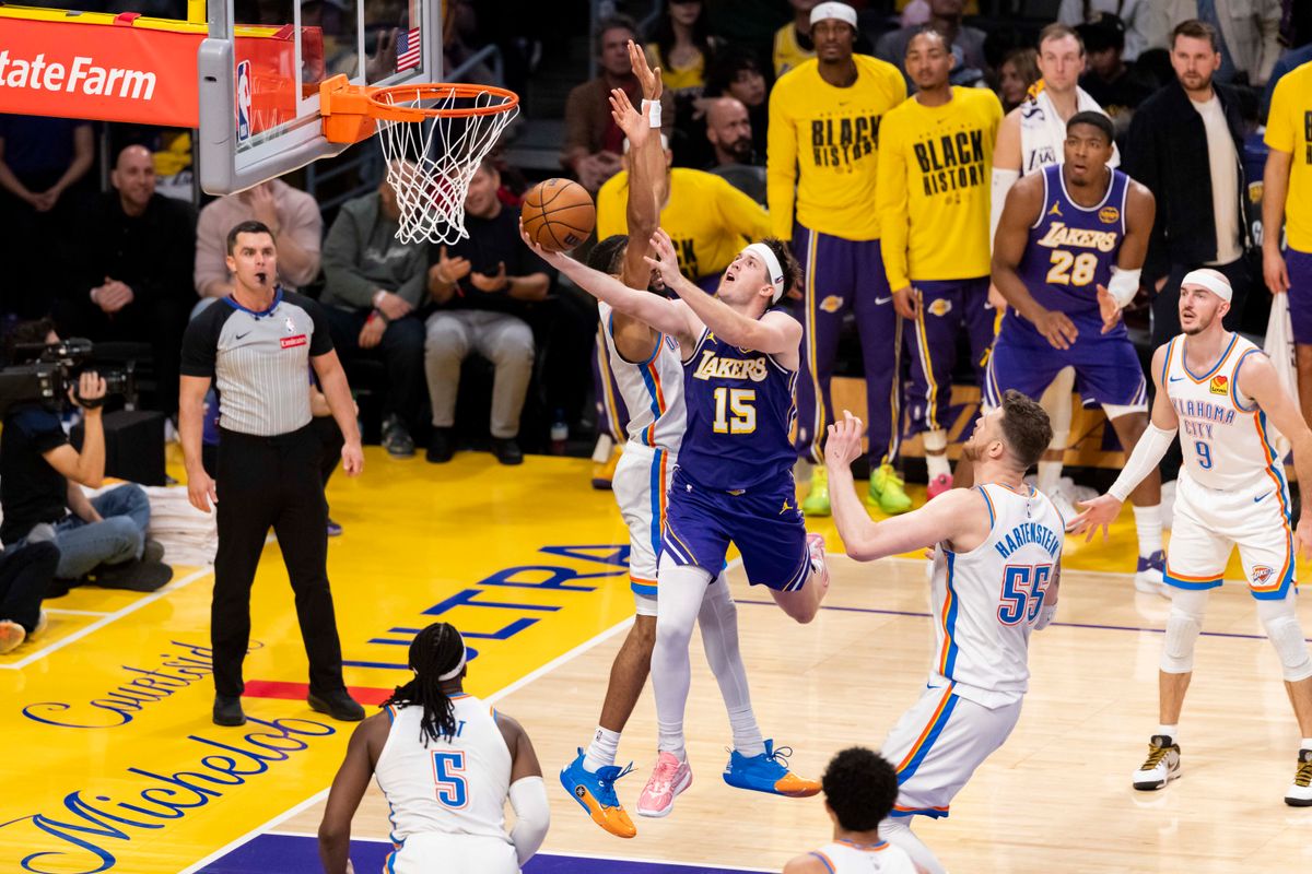 Austin Reaves #15 of the Los Angeles Lakers lays the ball up during an NBA basketball game against the Oklahoma City Thunder, Monday February 9, 2026 in Los Angeles, Calif. Austin Reaves #15 of the Los Angeles Lakers lays the ball up during an NBA basketball game against the Oklahoma City Thunder, Monday February 9, 2026 in Los Angeles, Calif.