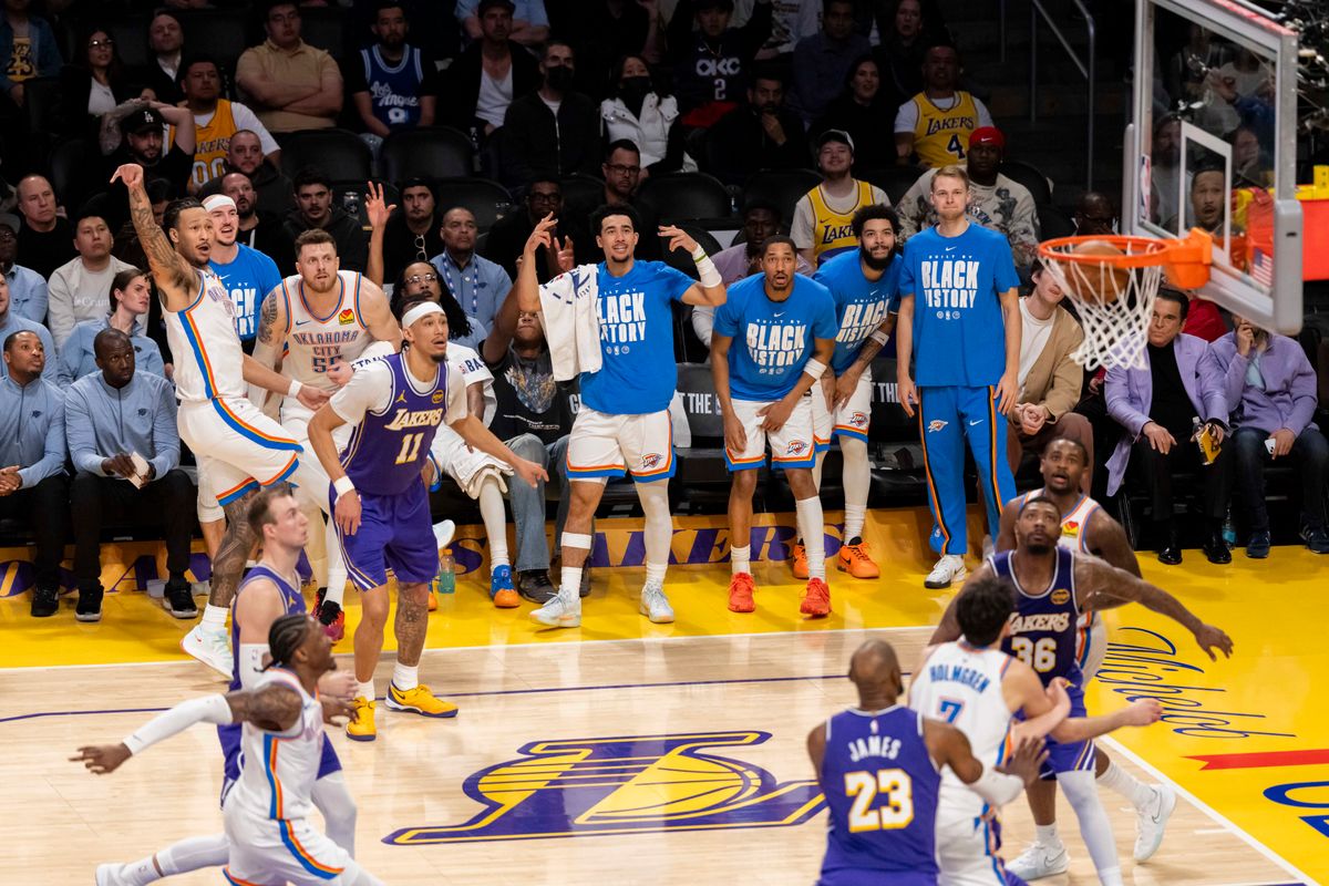 Jaylin Williams #6 of the Oklahoma City Thunder hits a three pointer in front of his bench during an NBA basketball game against the Los Angeles Lakers, Monday February 9, 2026 in Los Angeles, Calif. Jaylin Williams #6 of the Oklahoma City Thunder hits a three pointer in front of his bench during an NBA basketball game against the Los Angeles Lakers, Monday February 9, 2026 in Los Angeles, Calif.
