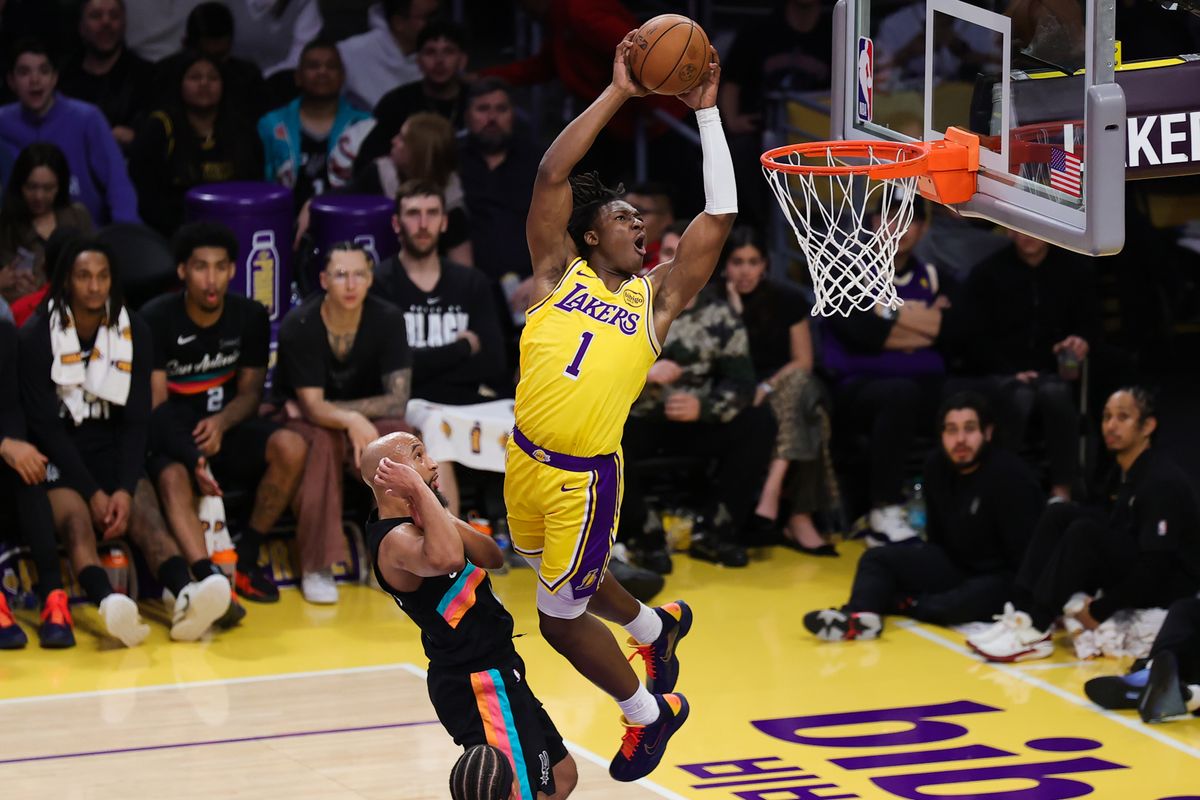 Los Angeles Lakers forward Adou Thiero (1) dunks the basketball during an NBA game against the San Antonio Spurs on February 10, 2026 in Los Angeles, CA.