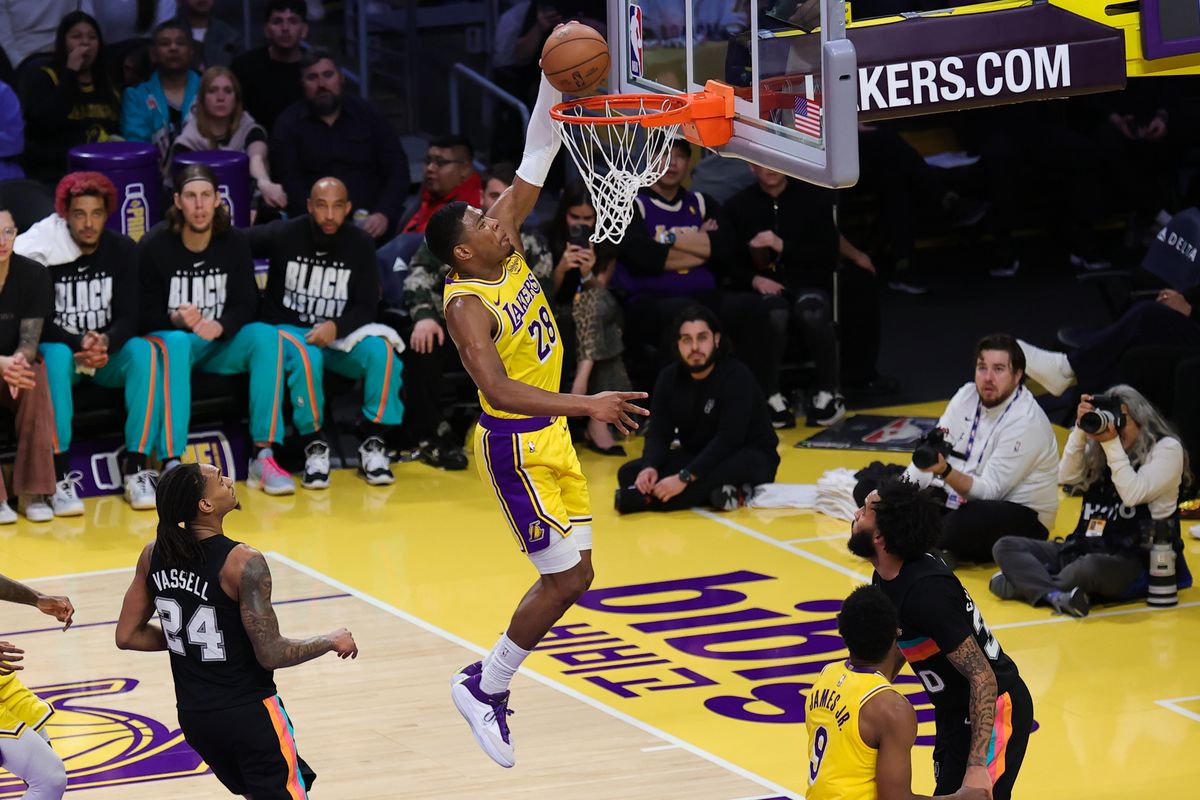 Los Angeles Lakers forward Rui Hachimura (28) dunks the basketball during an NBA game against the San Antonio Spurs on February 10, 2026 in Los Angeles, CA.