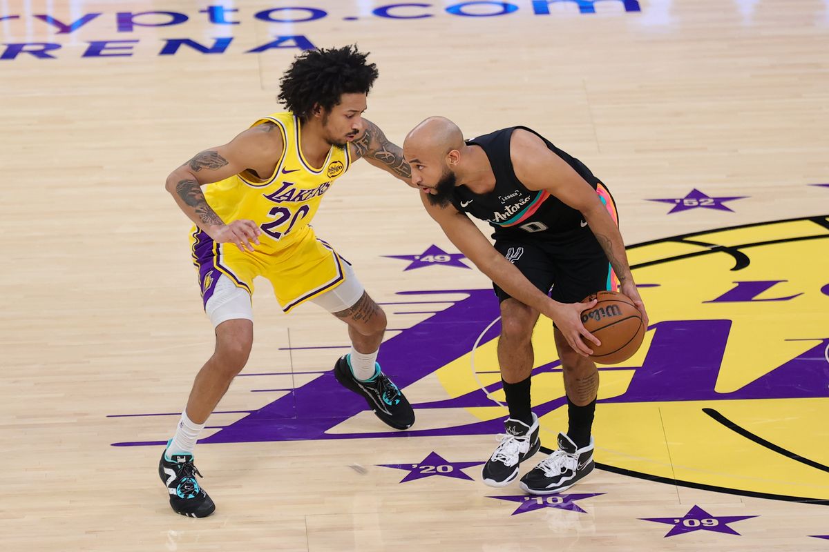 Los Angeles Lakers guard Nick Smith Jr. (20) guards San Antonio Spurs guard Jordan McLaughlin (0) during an NBA game on February 10, 2026 in Los Angeles, CA.