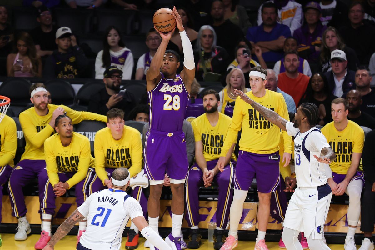 Los Angeles Lakers forward Rui Hachimura (28) shoots the basketball during an NBA game against the Dallas Mavericks on February 12, 2026 in Los Angeles, CA.