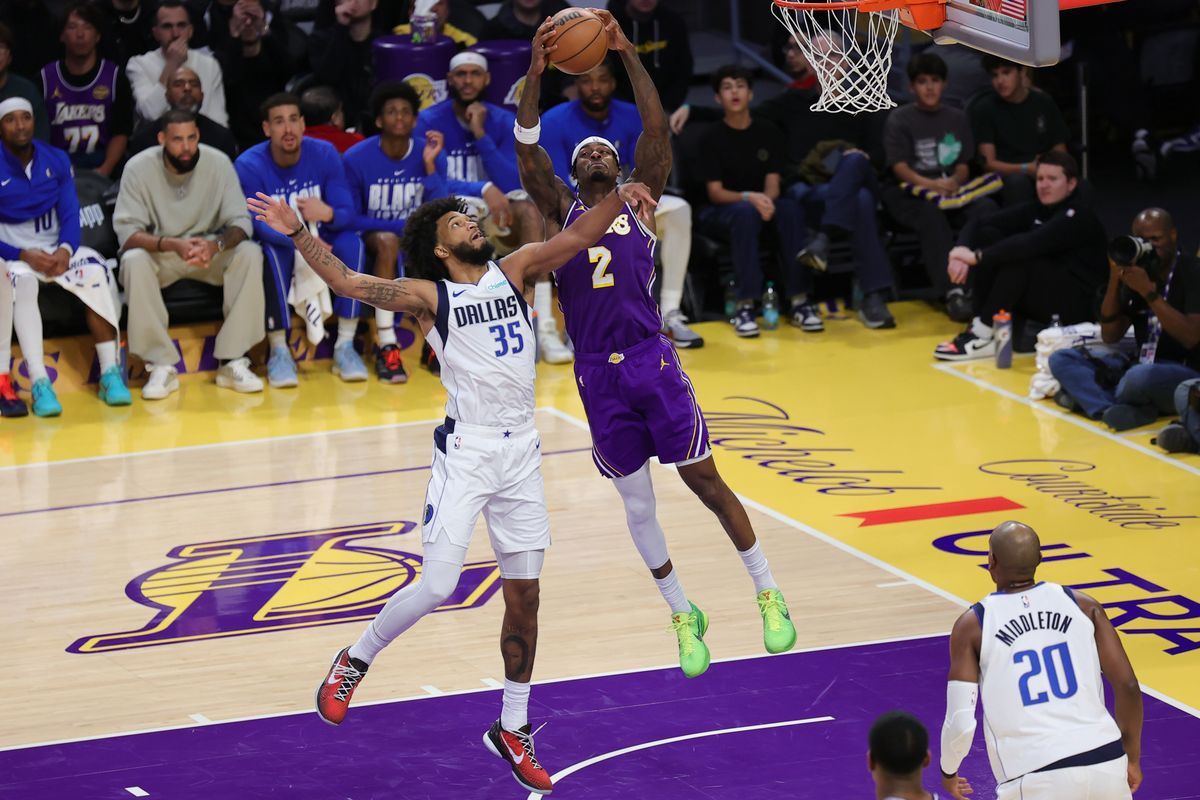 Los Angeles Lakers forward Jarred Vanderbilt (2) catches the pass during an NBA game against the Dallas Mavericks on February 12, 2026 in Los Angeles, CA.