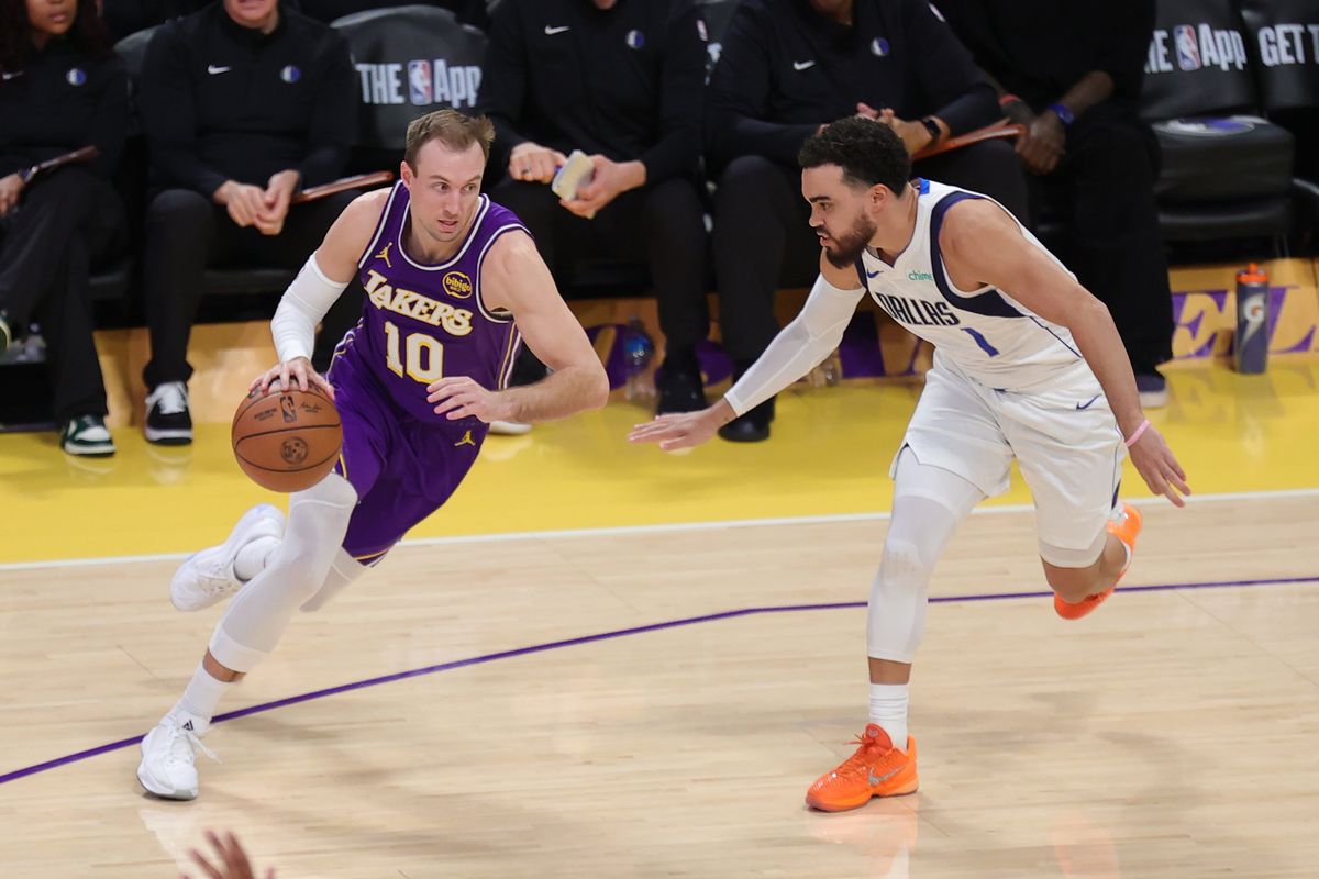 Los Angeles Lakers guard Luke Kennard (10) dribbles the basketball during an NBA game against the Dallas Mavericks on February 12, 2026 in Los Angeles, CA.