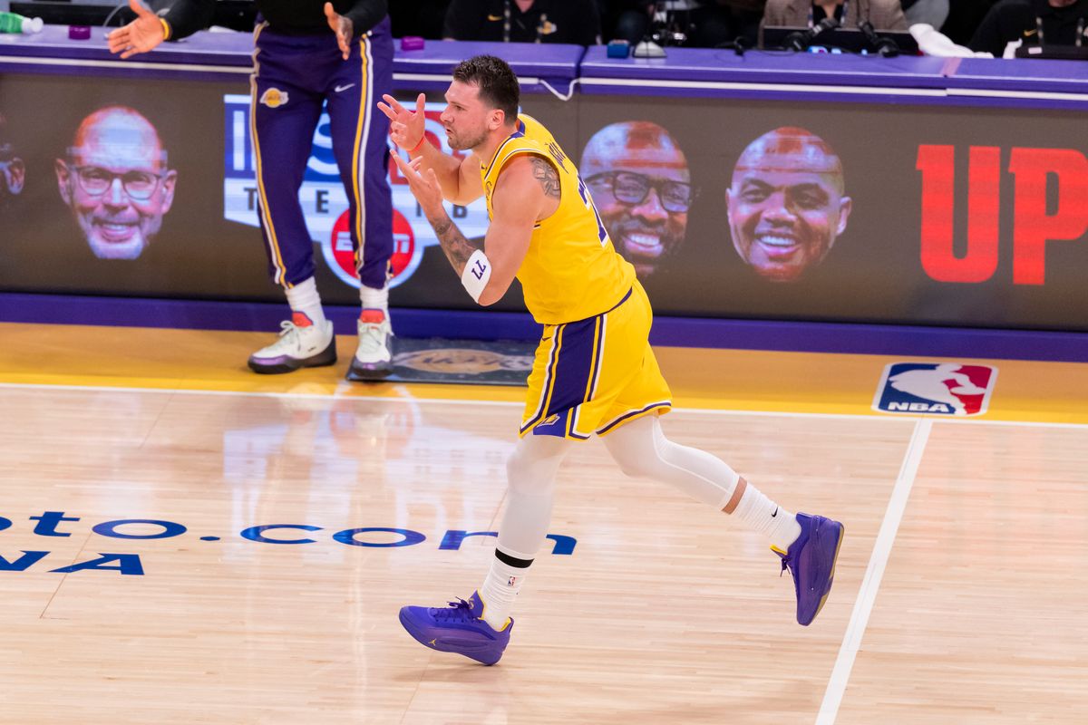 Luka Doncic #77 of the Los Angeles Lakers celebrates during an NBA basketball game against the LA Clippers, Friday February 20, 2026 in Los Angeles, Calif. Luka Doncic #77 of the Los Angeles Lakers celebrates during an NBA basketball game against the LA Clippers, Friday February 20, 2026 in Los Angeles, Calif.