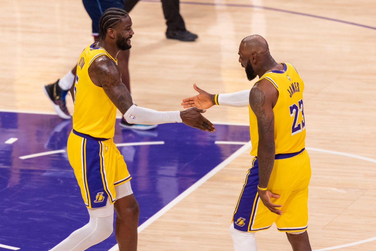 Deandre Ayton #5 and LeBron James #23 of the Los Angeles Lakers high five during an NBA basketball game against the LA Clippers, Friday February 20, 2026 in Los Angeles, Calif. Deandre Ayton #5 and LeBron James #23 of the Los Angeles Lakers high five during an NBA basketball game against the LA Clippers, Friday February 20, 2026 in Los Angeles, Calif.