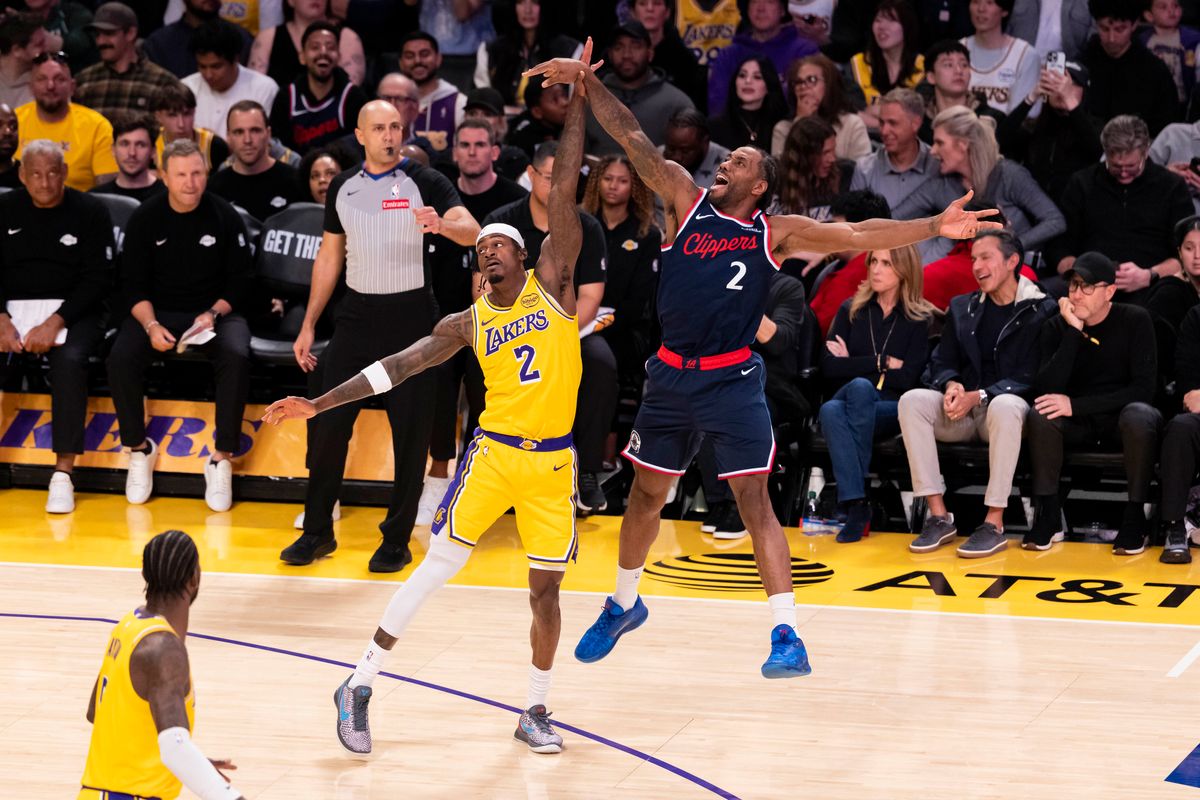 Jarred Vanderbilt #2 of the Los Angeles Lakers fouls Kawhi Leonard #2 of the LA Clippers on a three point attempt during an NBA basketball game, Friday February 20, 2026 in Los Angeles, Calif. Jarred Vanderbilt #2 of the Los Angeles Lakers fouls Kawhi Leonard #2 of the LA Clippers on a three point attempt during an NBA basketball game, Friday February 20, 2026 in Los Angeles, Calif.