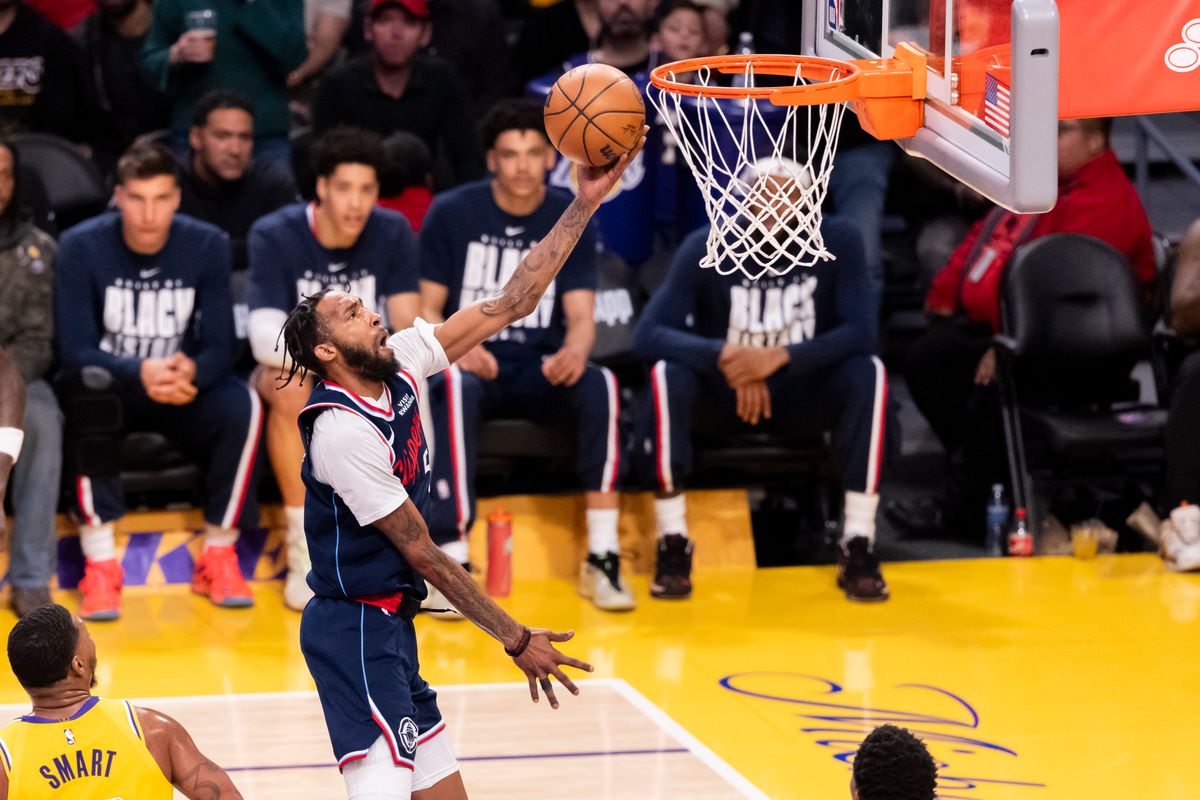 Derrick Jones Jr. #5 of the LA Clippers lays the ball up during an NBA basketball game against the Los Angeles Lakers, Friday February 20, 2026 in Los Angeles, Calif. Derrick Jones Jr. #5 of the LA Clippers lays the ball up during an NBA basketball game against the Los Angeles Lakers, Friday February 20, 2026 in Los Angeles, Calif.