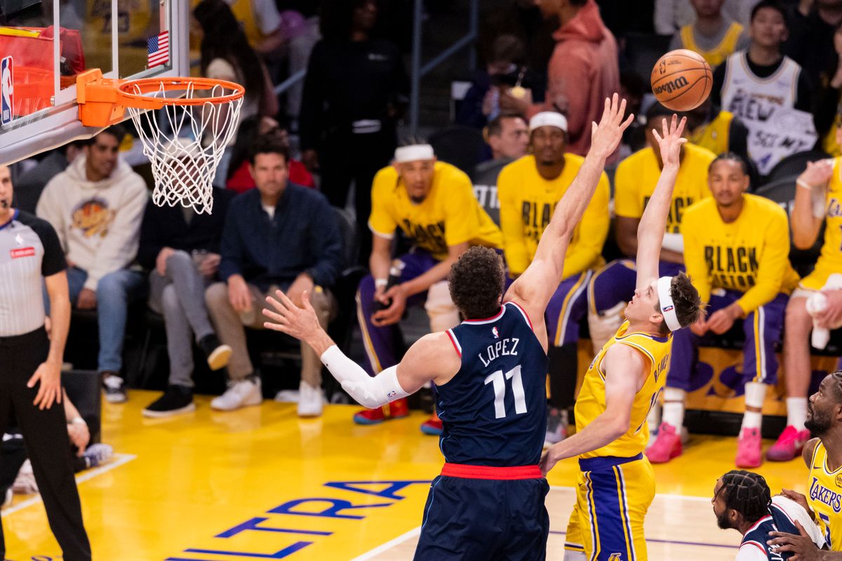 Austin Reaves #15 of the Los Angeles Lakers shoots the ball over Brook Lopez #11 of the LA Clippers during an NBA basketball game, Friday February 20, 2026 in Los Angeles, Calif. Austin Reaves #15 of the Los Angeles Lakers shoots the ball over Brook Lopez #11 of the LA Clippers during an NBA basketball game, Friday February 20, 2026 in Los Angeles, Calif.
