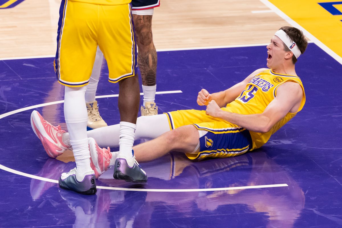 Austin Reaves #15 of the Los Angeles Lakers celebrates during an NBA basketball game against the LA Clippers, Friday February 20, 2026 in Los Angeles, Calif. Austin Reaves #15 of the Los Angeles Lakers celebrates during an NBA basketball game against the LA Clippers, Friday February 20, 2026 in Los Angeles, Calif.