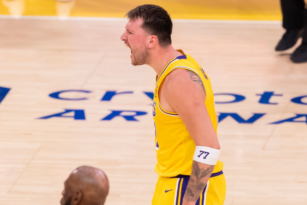 Luka Doncic #77 of the Los Angeles Lakers celebrates during an NBA basketball game against the LA Clippers, Friday February 20, 2026 in Los Angeles, Calif. Luka Doncic #77 of the Los Angeles Lakers celebrates during an NBA basketball game against the LA Clippers, Friday February 20, 2026 in Los Angeles, Calif.