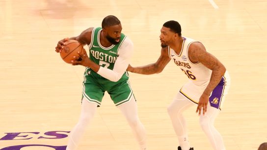 Los Angeles Lakers guard Marcus Smart (36) defends Boston Celtics guard Jaylen Brown (7) in the first half at crypto.com Arena. Los Angeles Lakers guard Marcus Smart (36) defends Boston Celtics guard Jaylen Brown (7) in the first half at crypto.com Arena.