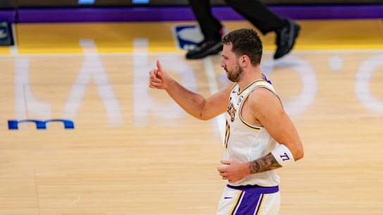 Los Angeles Lakers guard Luka Doncic (77) celebrating an assist during an NBA basketball game against the Sacramento Kings on March 1st, 2026 in Los Angeles, CA.