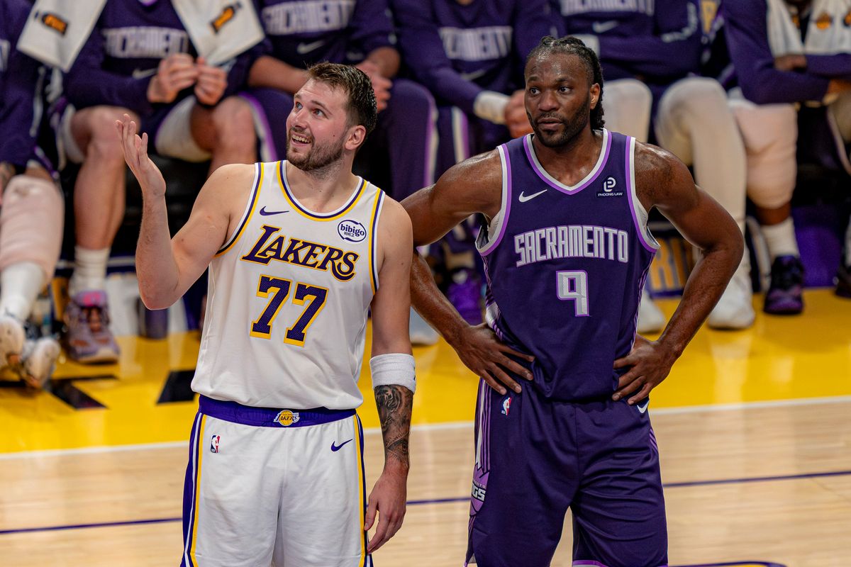 Los Angeles Lakers guard Luka Doncic (77) laughing with Precious Achiuwa (9) during an NBA basketball game against the Sacramento Kings on March 1st, 2026 in Los Angeles, CA. Los Angeles Lakers guard Luka Doncic (77) laughing with Precious Achiuwa (9) during an NBA basketball game against the Sacramento Kings on March 1st, 2026 in Los Angeles, CA.