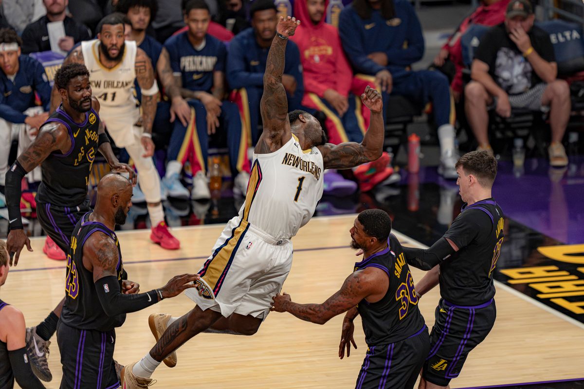 New Orleans Pelicans forward Zion Williamson (1) dramatizing a fall for a foul during an NBA basketball game against the Los Angeles Lakers on March 3rd, 2026 in Los Angeles, CA. New Orleans Pelicans forward Zion Williamson (1) dramatizing a fall for a foul during an NBA basketball game against the Los Angeles Lakers on March 3rd, 2026 in Los Angeles, CA.