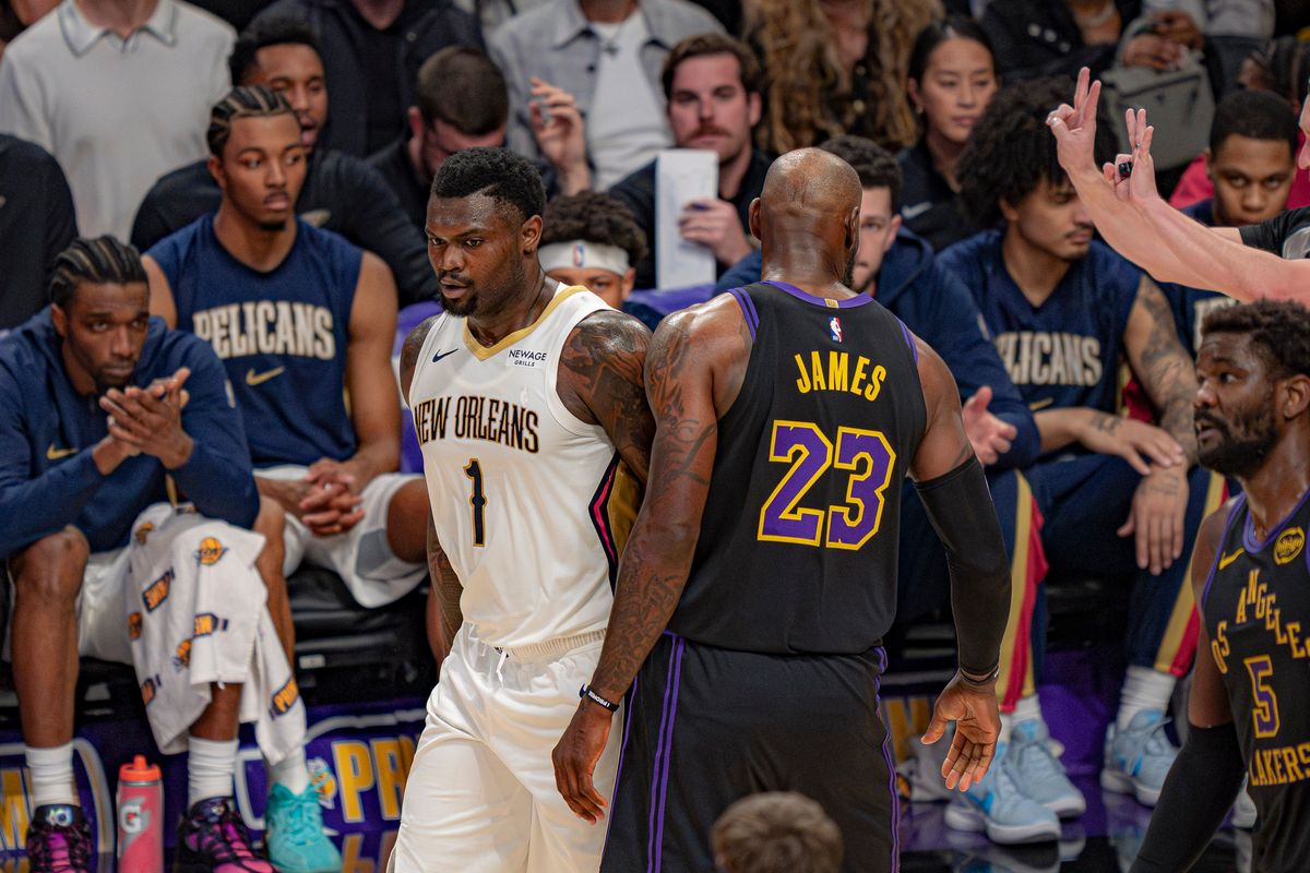 Los Angeles Lakers forward LeBron James (23) bumping shoulders with Zion Williamson after helping Zion to his feet during an NBA basketball game against the New Orleans Pelicans on March 3rd, 2026 in Los Angeles, CA. Los Angeles Lakers forward LeBron James (23) bumping shoulders with Zion Williamson after helping Zion to his feet during an NBA basketball game against the New Orleans Pelicans on March 3rd, 2026 in Los Angeles, CA.
