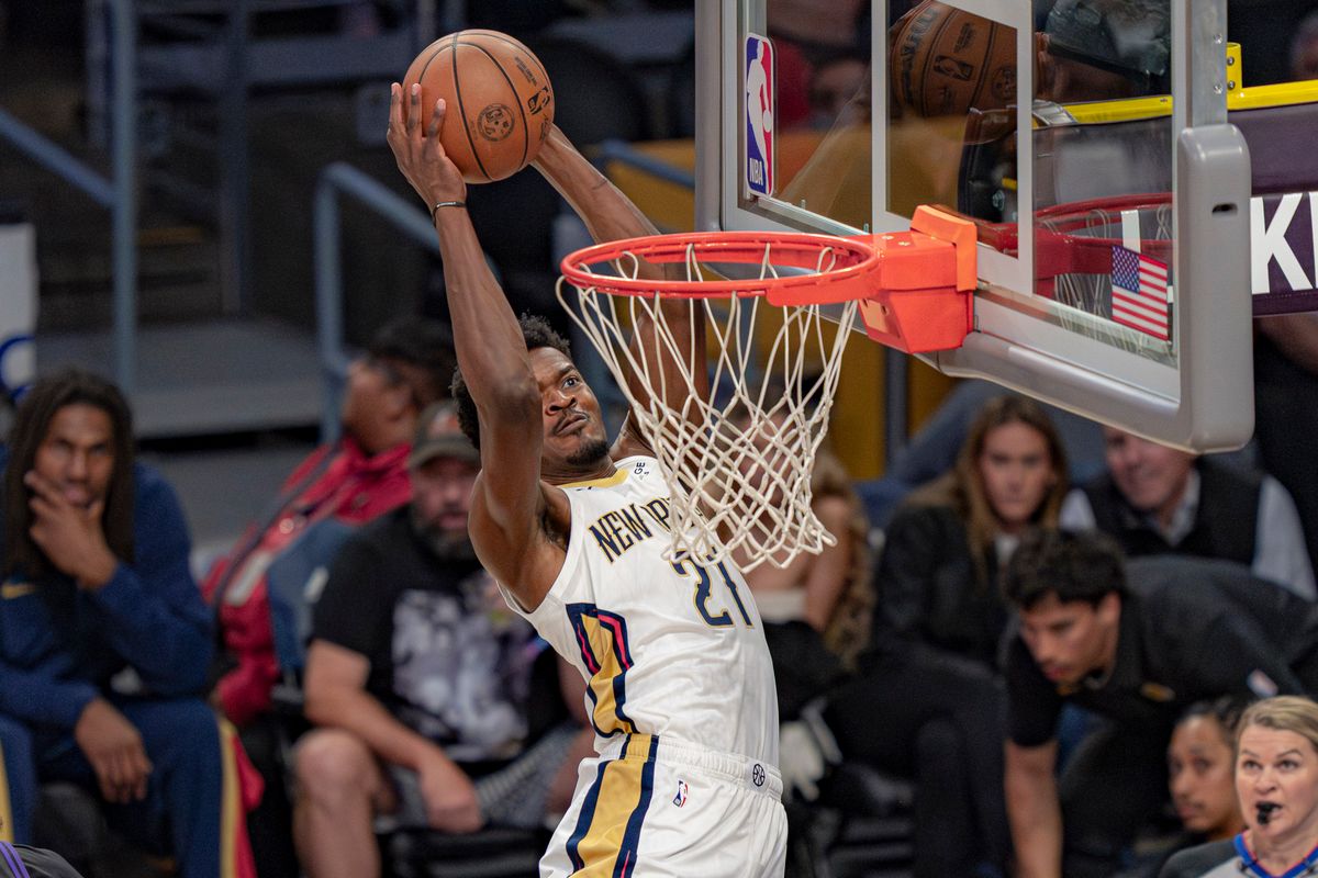 New Orleans Pelicans center Yves Missi (21) dunking the basketball during an NBA basketball game against the Los Angeles Lakers on March 3rd, 2026 in Los Angeles, CA. New Orleans Pelicans center Yves Missi (21) dunking the basketball during an NBA basketball game against the Los Angeles Lakers on March 3rd, 2026 in Los Angeles, CA.