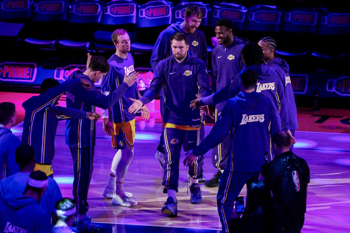 Luka Dončić #77 of the Los Angeles Lakers is introduced during the starting lineups before an NBA basketball game against the Indiana Pacers, Friday March 6, 2026 in Los Angeles, Calif.