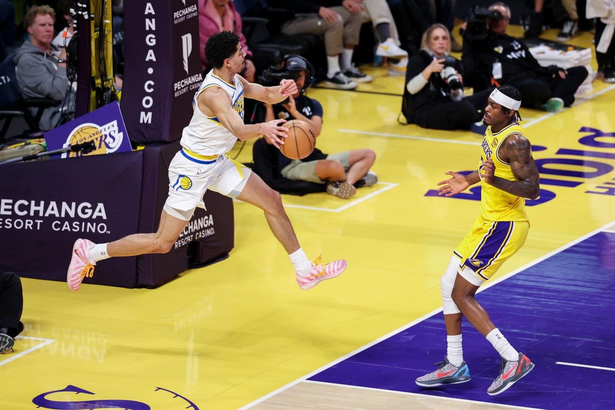 Ben Sheppard #26 of the Indiana Pacers tries to save the ball from going out of bounds during an NBA basketball game against the Los Angeles Lakers, Friday March 6, 2026 in Los Angeles, Calif.