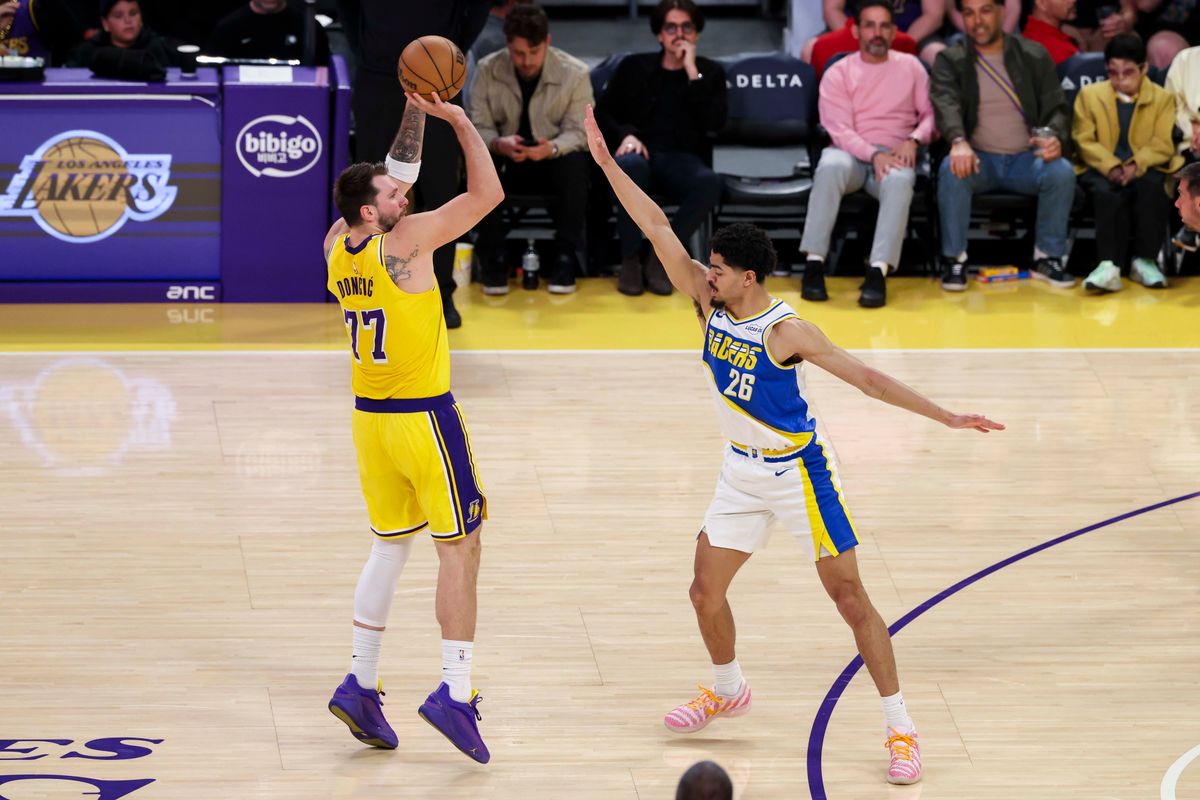 Luka Dončić #77 of the Los Angeles Lakers shoots a three pointer during an NBA basketball game against the Indiana Pacers, Friday March 6, 2026 in Los Angeles, Calif.