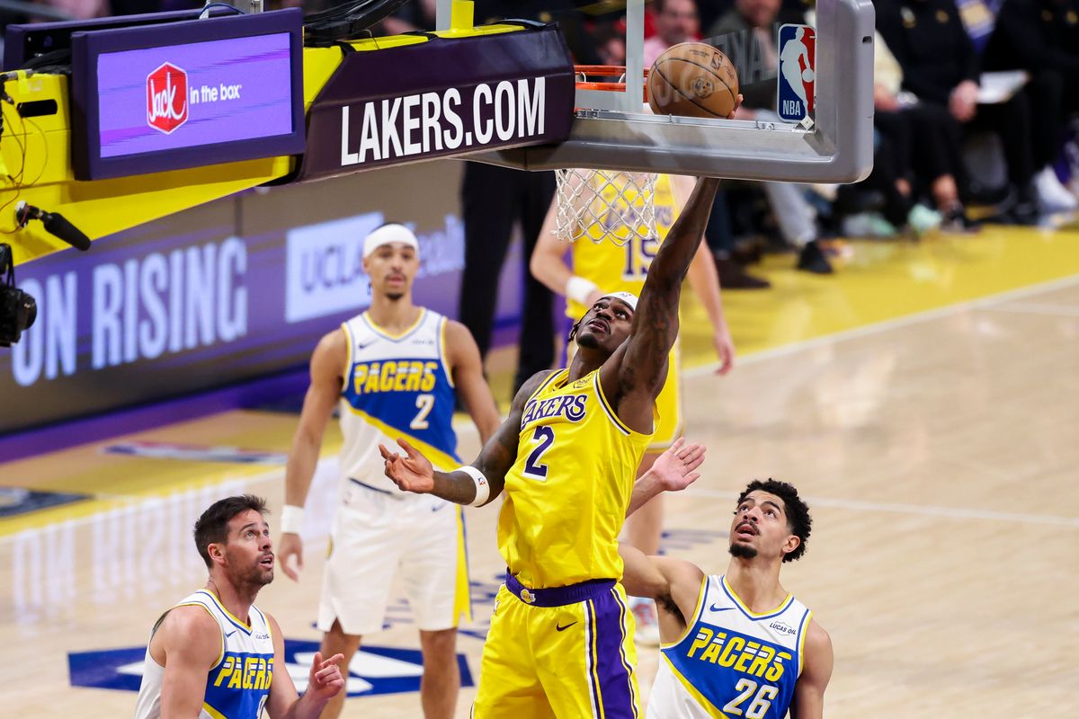 Jarred Vanderbilt #2 of the Los Angeles Lakers lays the ball up during an NBA basketball game against the Indiana Pacers, Friday March 6, 2026 in Los Angeles, Calif.
