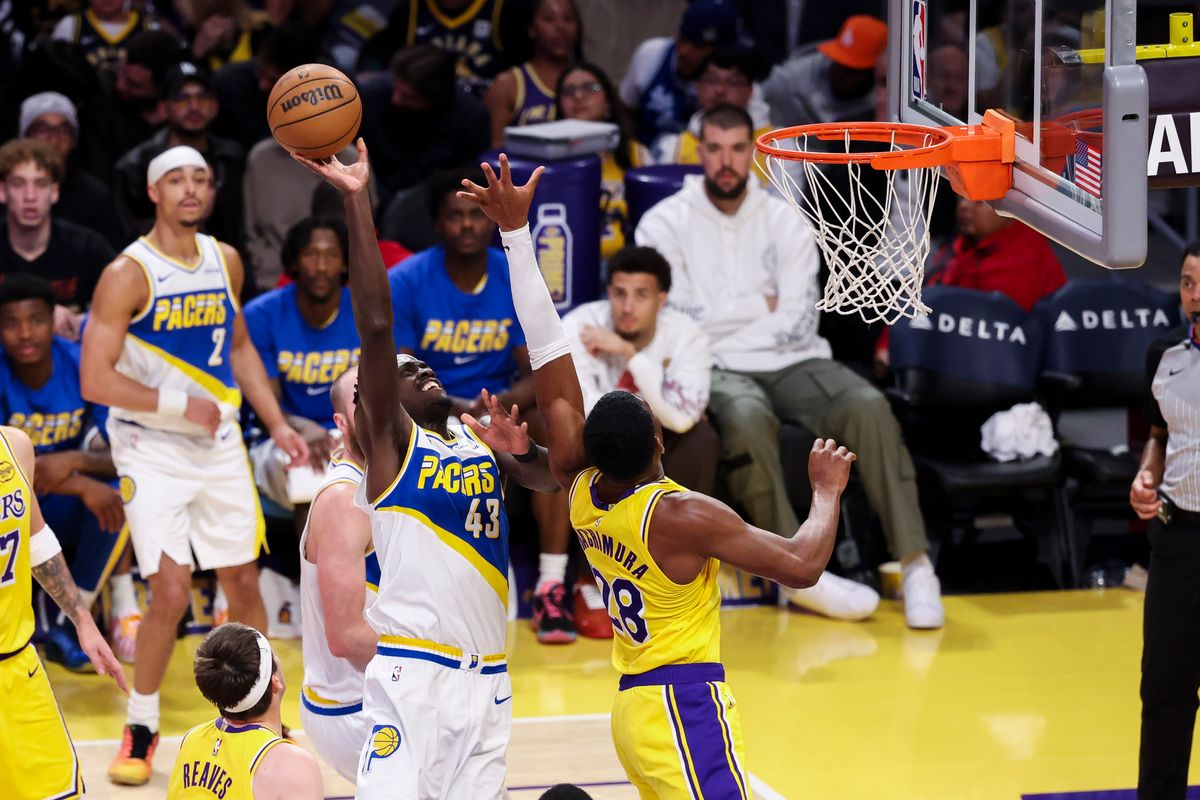 Pascal Siakam #43 of the Indiana Pacers shoots the ball over Rui Hachimura #28 of the Los Angeles Lakers during an NBA basketball game, Friday March 6, 2026 in Los Angeles, Calif.