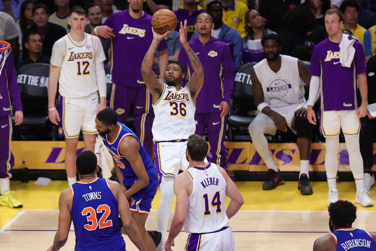 Los Angeles Lakers guard Marcus Smart (36) shoots the basketball during an NBA game against the New York Knicks on March 8, 2026 in Los Angeles, CA.