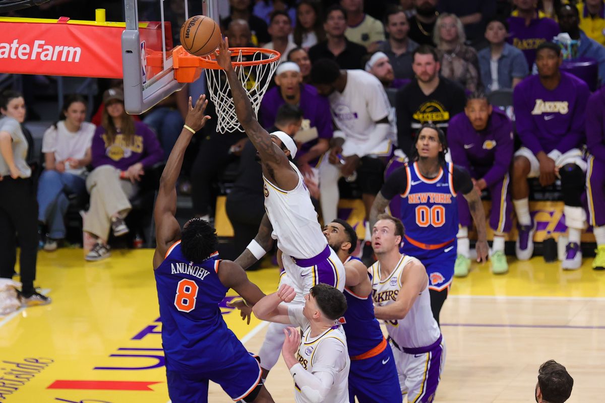 Los Angeles Lakers forward Jarred Vanderbilt (2) blocks a shot during an NBA game against the New York Knicks on March 8, 2026 in Los Angeles, CA.