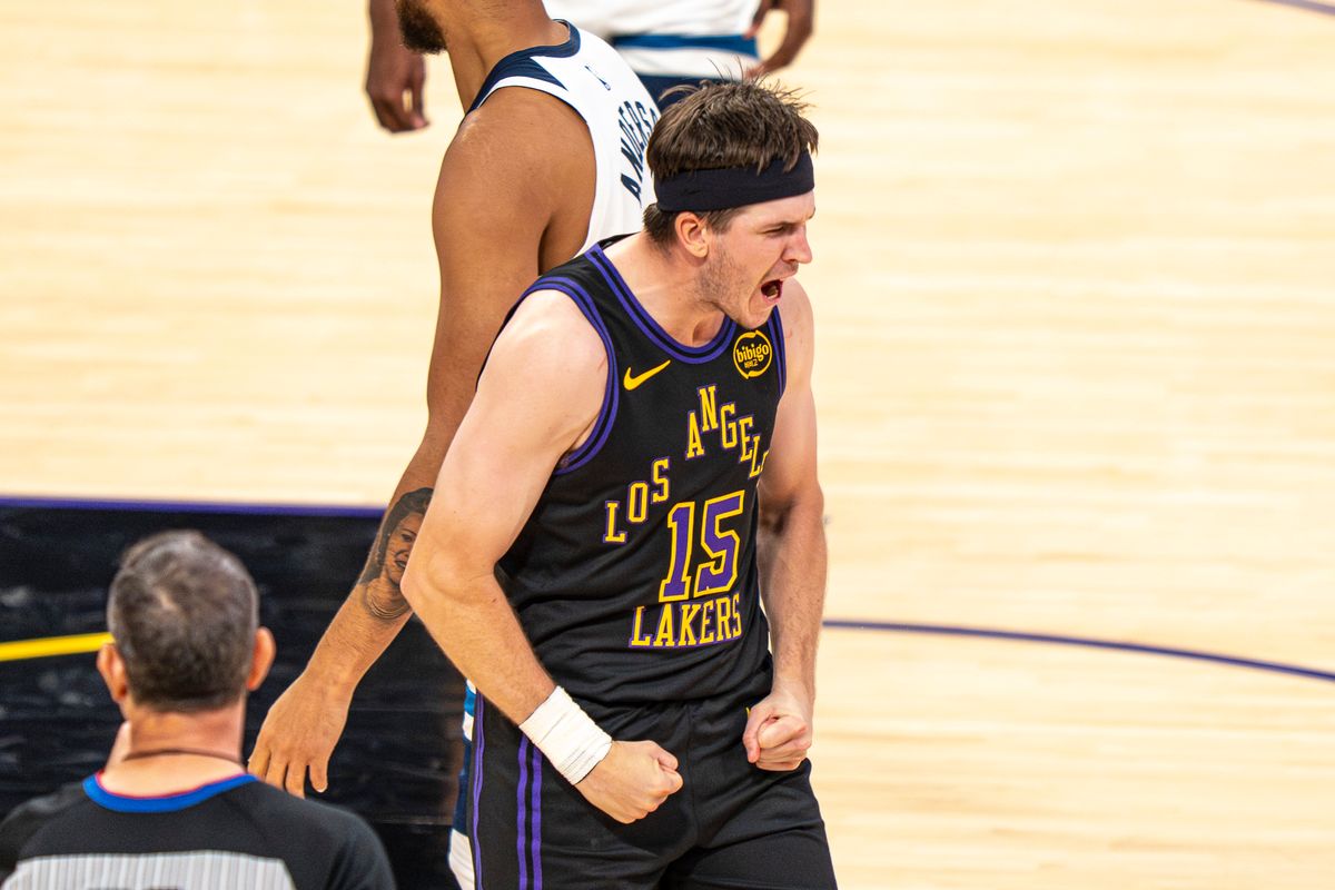 Los Angeles Lakers guard Austin Reaves (15) celebrating a two point basket during an NBA basketball game against the Minnesota Timberwolves on March 10th, 2026 in Los Angeles, CA.