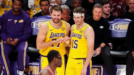 Luka Dončić #77 of the Los Angeles Lakers and Austin Reaves #15 of the Los Angeles Lakers smile together on the court during an NBA basketball game against the Chicago Bulls, Thursday March 12, 2026 in Los Angeles, Calif. Luka Dončić #77 of the Los Angeles Lakers and Austin Reaves #15 of the Los Angeles Lakers smile together on the court during an NBA basketball game against the Chicago Bulls, Thursday March 12, 2026 in Los Angeles, Calif.
