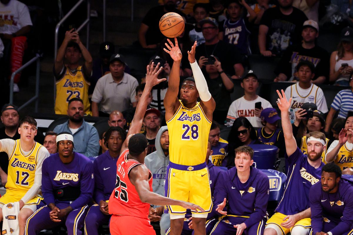 Rui Hachimura #28 of the Los Angeles Lakers shoots a three point shot during an NBA basketball game against the Chicago Bulls, Thursday March 12, 2026 in Los Angeles, Calif.