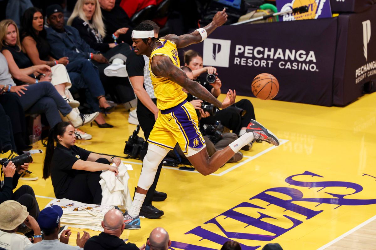 Jarred Vanderbilt #2 of the Los Angeles Lakers saves the ball from going out of bounds during an NBA basketball game against the Chicago Bulls, Thursday March 12, 2026 in Los Angeles, Calif.