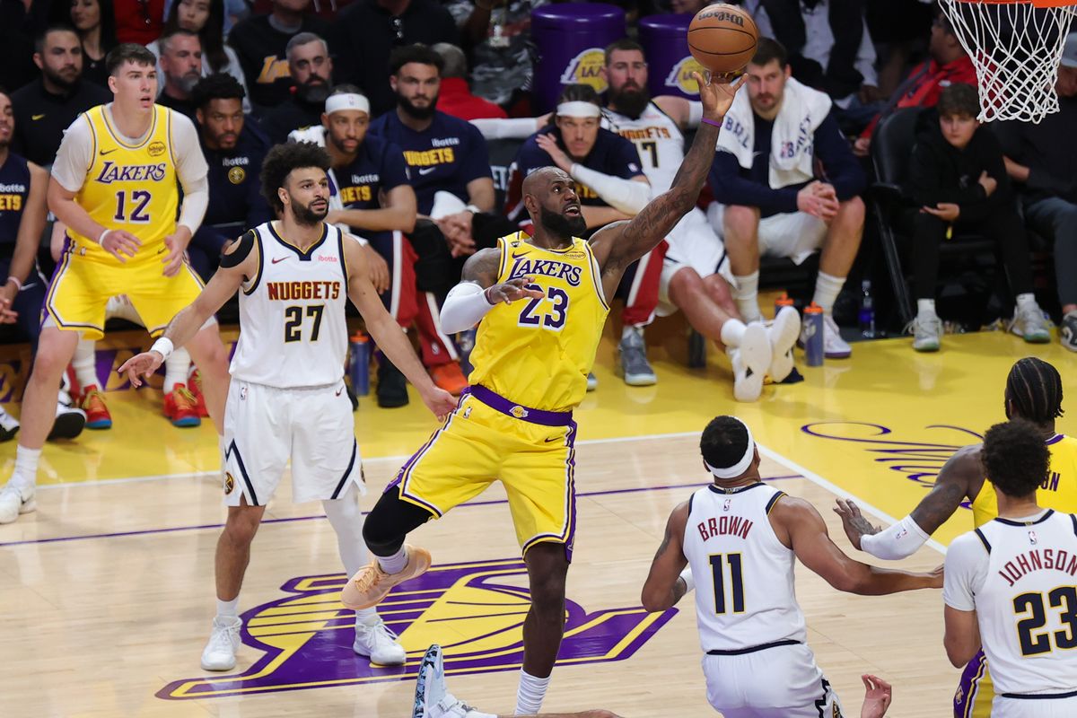 Los Angeles Lakers forward LeBron James (23) attempts a lay up during an NBA game against the Denver Nuggets on March 14, 2026 in Los Angeles, CA. Los Angeles Lakers forward LeBron James (23) attempts a lay up during an NBA game against the Denver Nuggets on March 14, 2026 in Los Angeles, CA.