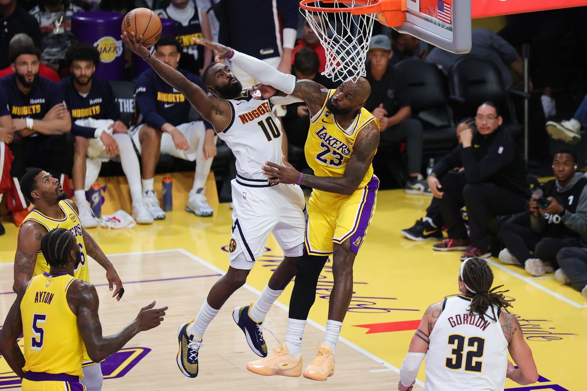 Los Angeles Lakers forward LeBron James (23) defends against Denver Nuggets guard Tim Hardaway Jr. (10) during an NBA game on March 14, 2026 in Los Angeles, CA. Los Angeles Lakers forward LeBron James (23) defends against Denver Nuggets guard Tim Hardaway Jr. (10) during an NBA game on March 14, 2026 in Los Angeles, CA.