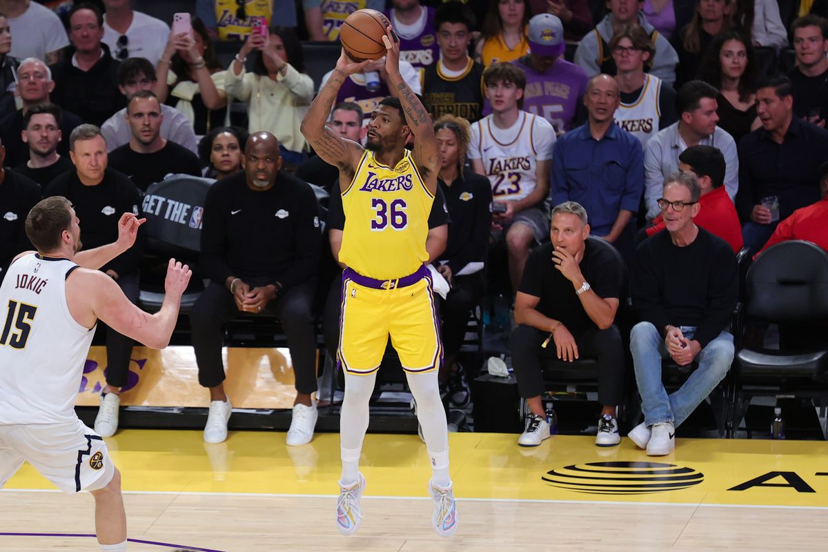 Los Angeles Lakers guard Marcus Smart (36) shoots the basketball during an NBA game against the Denver Nuggets on March 14, 2026 in Los Angeles, CA. Los Angeles Lakers guard Marcus Smart (36) shoots the basketball during an NBA game against the Denver Nuggets on March 14, 2026 in Los Angeles, CA.