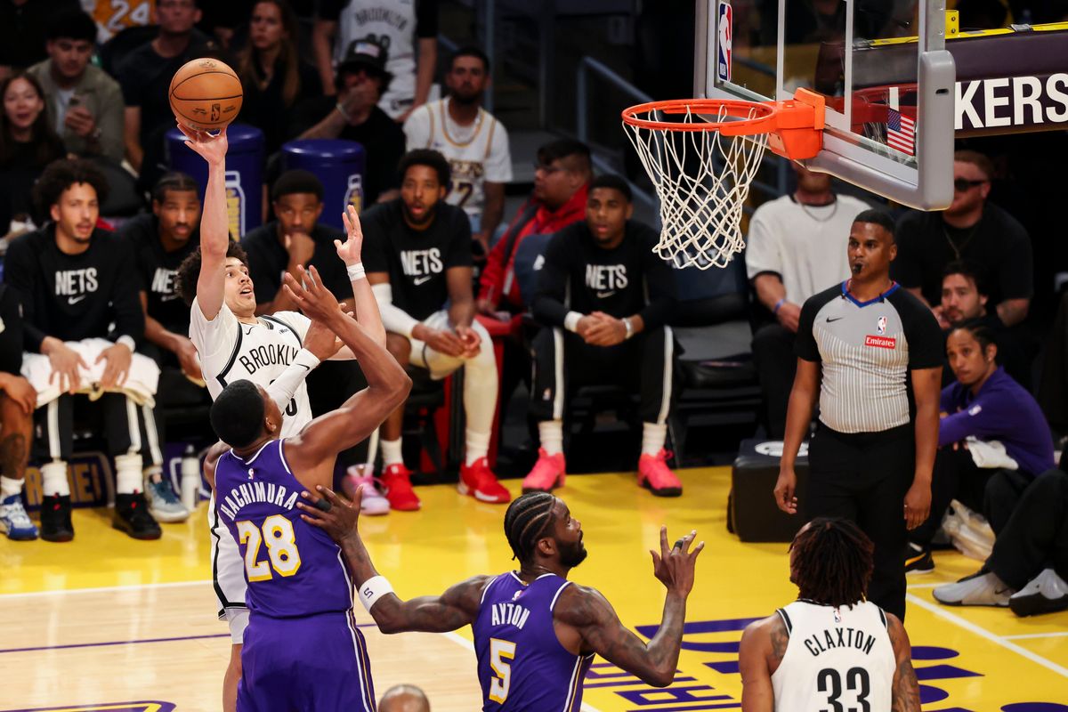 Nolan Traore #88 of the Brooklyn Nets shoots the ball during an NBA basketball game against the Los Angeles Lakers, Friday March 27, 2026 in Los Angeles, Calif.