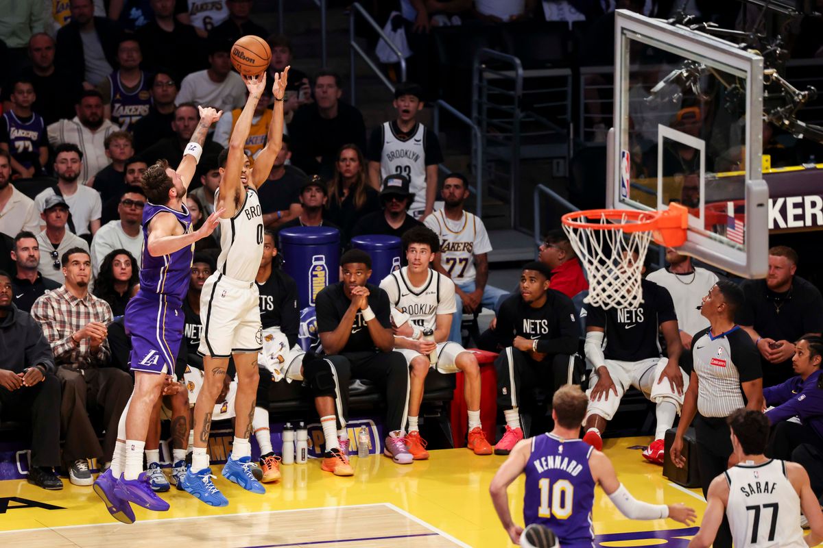 Josh Minott #00 of the Brooklyn Nets shoot the ball during an NBA basketball game against the Los Angeles Lakers, Friday March 27, 2026 in Los Angeles, Calif.