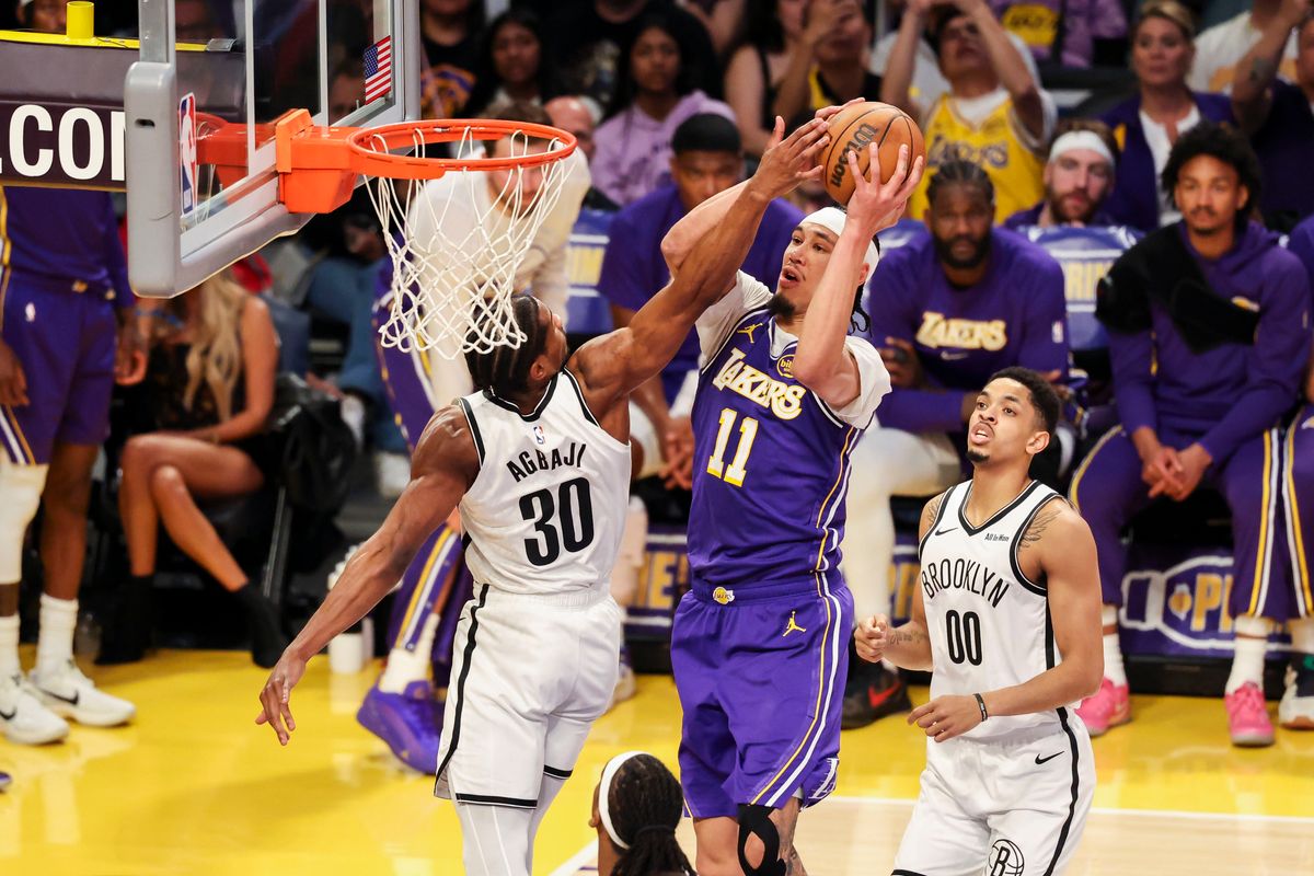 Jaxson Hayes #11 of the Los Angeles Lakers drives towards the rim during an NBA basketball game against the Brooklyn Nets, Friday March 27, 2026 in Los Angeles, Calif.
