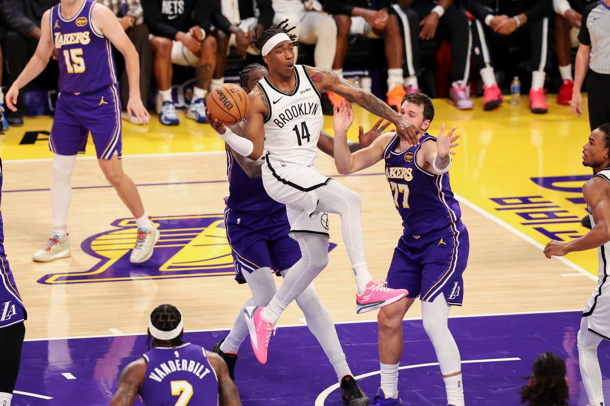 Terance Mann #14 of the Brooklyn Nets looks to pass the ball during an NBA basketball game against the Los Angeles Lakers, Friday March 27, 2026 in Los Angeles, Calif.