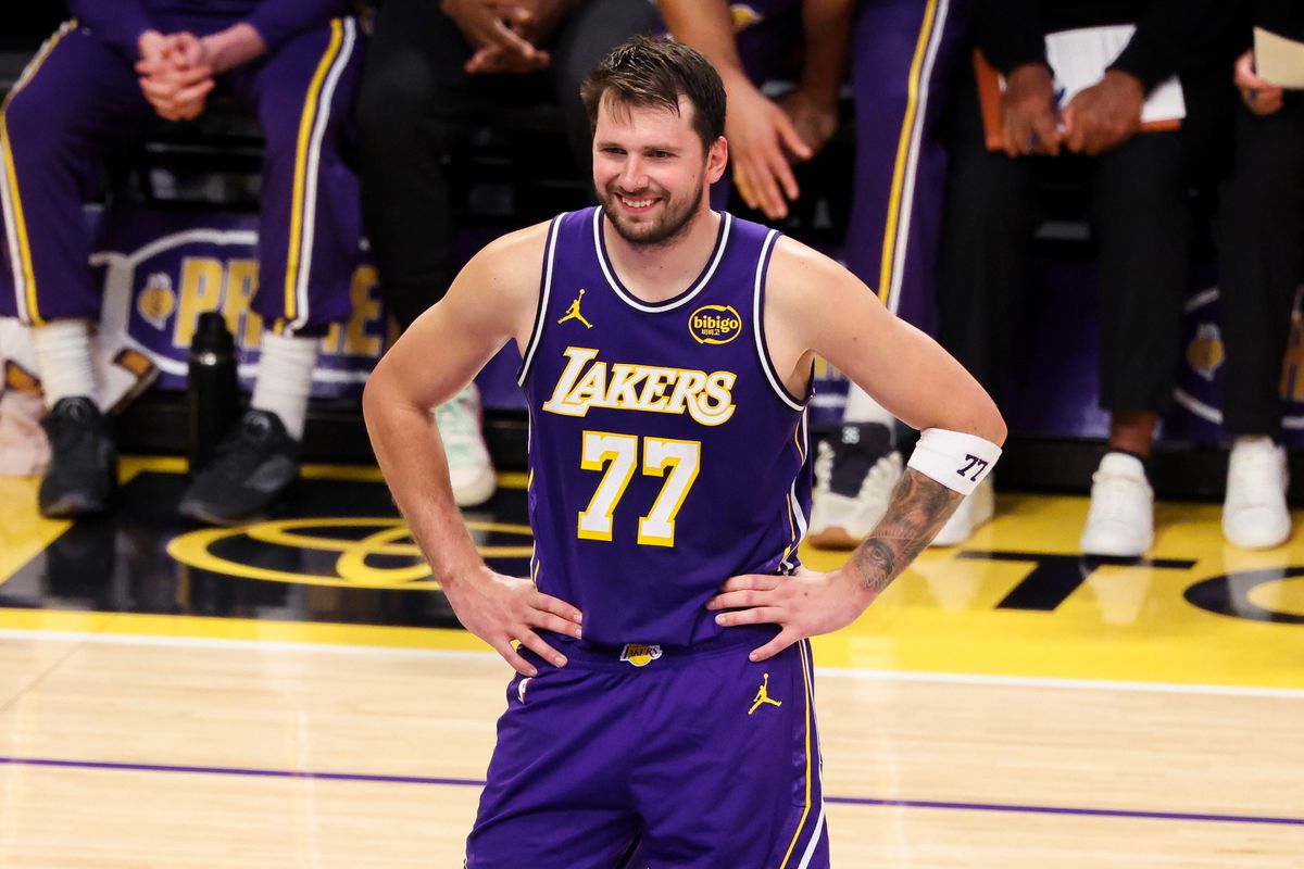 Luka Doncic #77 of the Los Angeles Lakers smiles on the court during an NBA basketball game against the Brooklyn Nets, Friday March 27, 2026 in Los Angeles, Calif.