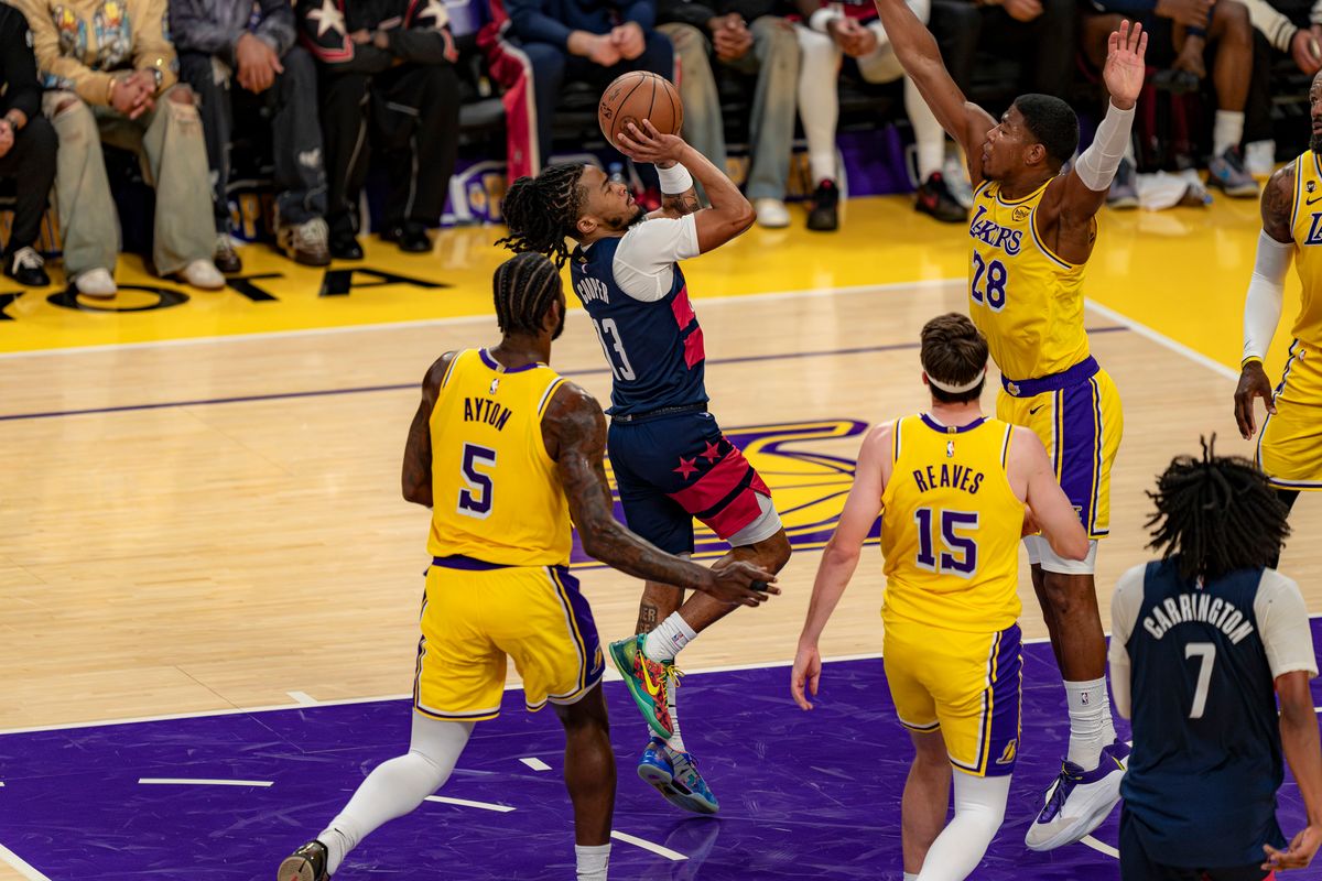 Washington Wizards guard Sharife Cooper (13) jump shooting during an NBA basketball game against the Los Angeles Lakers on March 30th, 2026 in Los Angeles, CA.