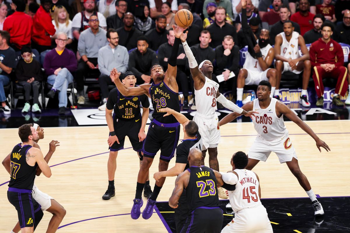 Rui Hachimura #28 of the Los Angeles Lakers and Dennis Schroder #8 of the Cleveland Cavaliers compete for a jump ball during an NBA basketball game, Tuesday March 31, 2026 in Los Angeles, Calif. Rui Hachimura #28 of the Los Angeles Lakers and Dennis Schroder #8 of the Cleveland Cavaliers compete for a jump ball during an NBA basketball game, Tuesday March 31, 2026 in Los Angeles, Calif.